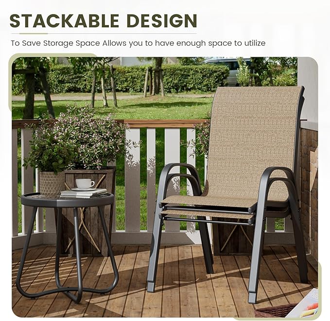 UDPATIO Patio Dining Set of 3, Outdoor Table and Chairs Set with Glass Table, 2 Stackable Patio Chairs with High Back, Outdoor Furniture Sets for Deck Garden Backyard Lawn Poolside (Brown)