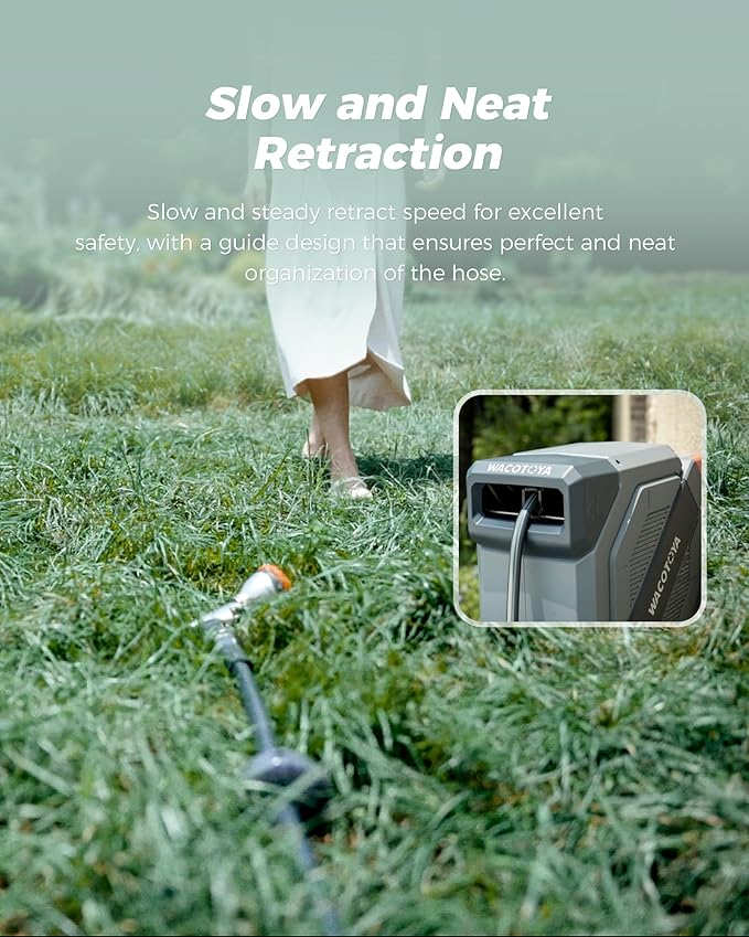 Retractable Garden Hose Reel 5/8 in x 100 ft Professional Metal Bracket & 9-Pattern Metal Nozzle UV Resistant Brass Fitting Heavy Duty Wall Mount Any Length Lock Slow Retraction 180° Swivel