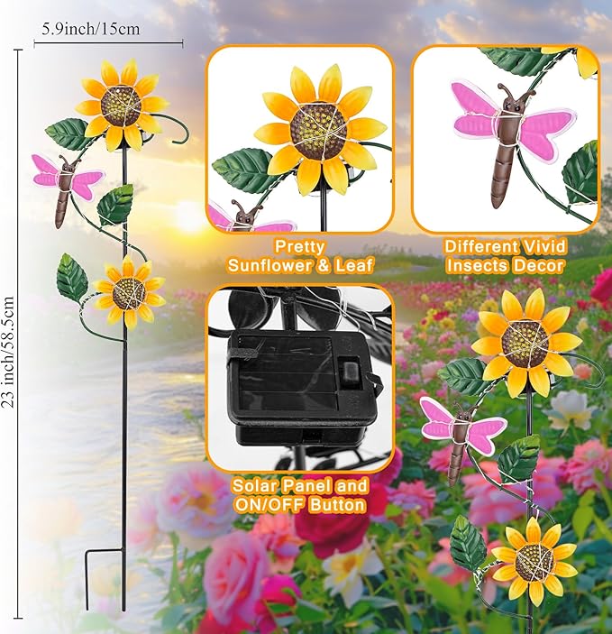 3 Pack Solar Garden Light, Sunflower & Insect Metal Solar Stake Lights, Outdoor Statues Figurine Lights for Spring Garden Lawn Patio Yard Decor