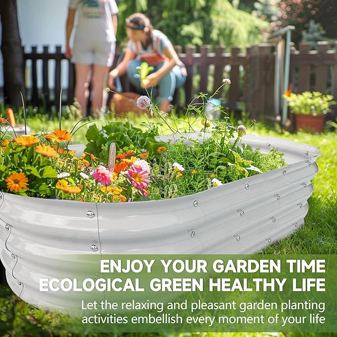 Galvanized Metal Raised Garden Bed 4x2x1ft Large Raised Planter 1Pack Outdoor Planter Box with Rubber Stripe and Safety Gloves for Vegetables, Fruits, Herbs, Flowers, Grey White
