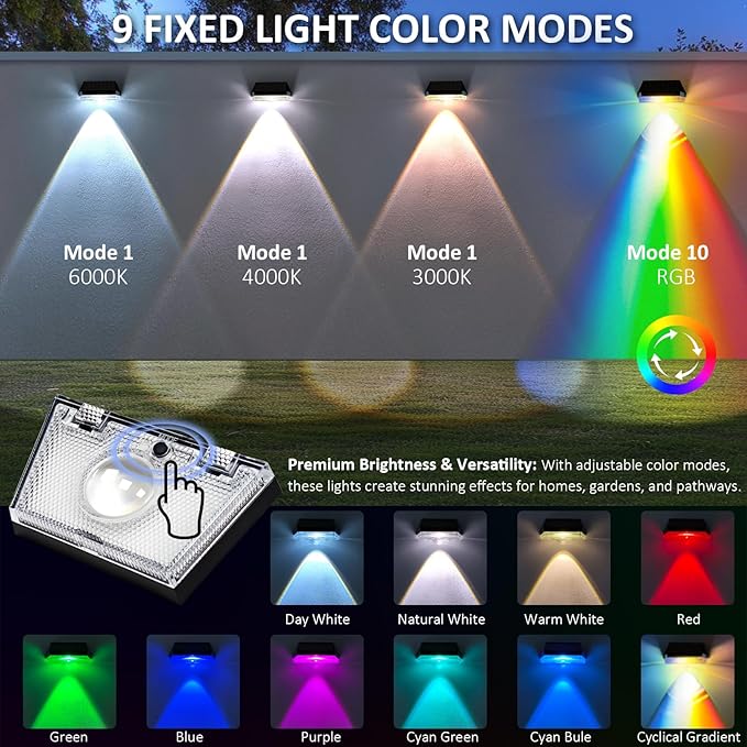 12PK Solar Fence Lights Outdoor - 3000/4000/6000K&RGB 6 Color, Dusk to Dawn Fence Lights Solar Powered, IP65 Waterproof Solar Light Outdoor for Backyard/Railing/Step/Patio/Wall