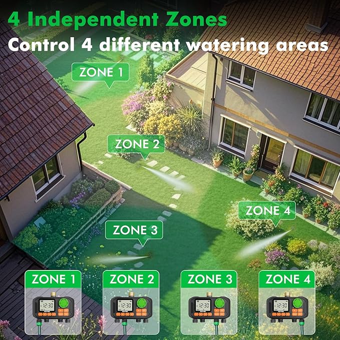 RESTMO 4 Zone Sprinkler Timer with Brass Inlet, Programmable Water Timer for Garden Hose, Automatic Control | Manual ON/Off | Rain Delay for Outdoor Faucet, Drip Irrigation and Lawn Watering System