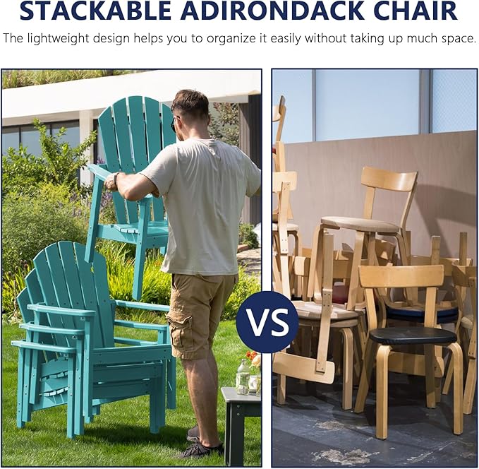 Stackable Adirondack Chair Set of 4, HDPE Outdoor Patio Chair - Durable and Space Saving, Suitable for Porches, Lawns or Garden, Aruba