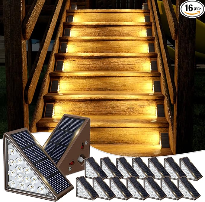 Solar Step Lights for Outside,16pack Solar Stair Lights Outdoor Waterproof IP67,Outdoor Deck Step Lights,Solar Outdoor Lights for Staircase,Patio,Front Step(Warm Brown)…