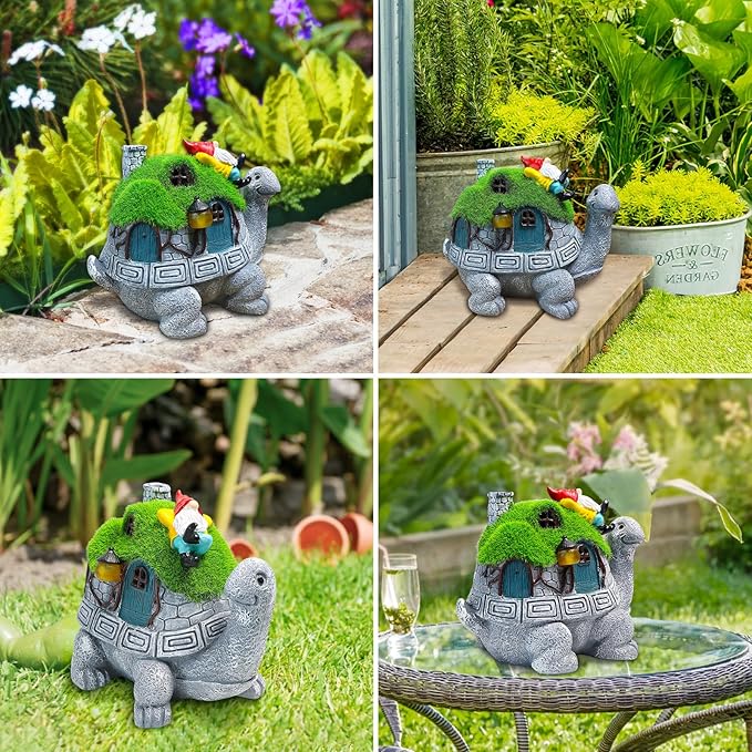 Turtle Solar Light Outdoor Garden Solar Turtle House Light Cute Turtle Garden Statue for Outdoor, Lawn Turtle with Gnome Statues Solar Light, Unique Gifts for Kindred Friend Yard Patio Decor