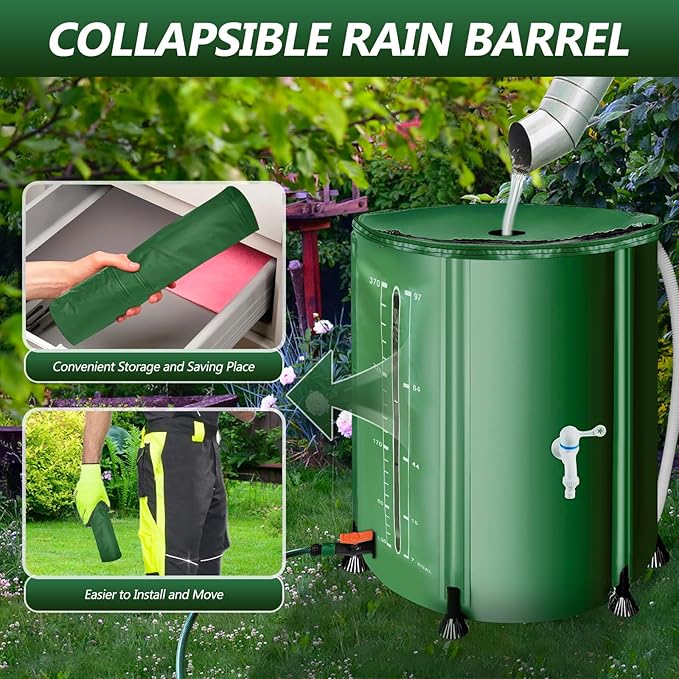 100 Gallon Collapsible Rain Barrel, 380L Water Storage Tank with Scale Mark for Garden Plant Watering, Farm Irrigation, XL Rainwater Collection System with Spigots, Overflow Kit, Hoses