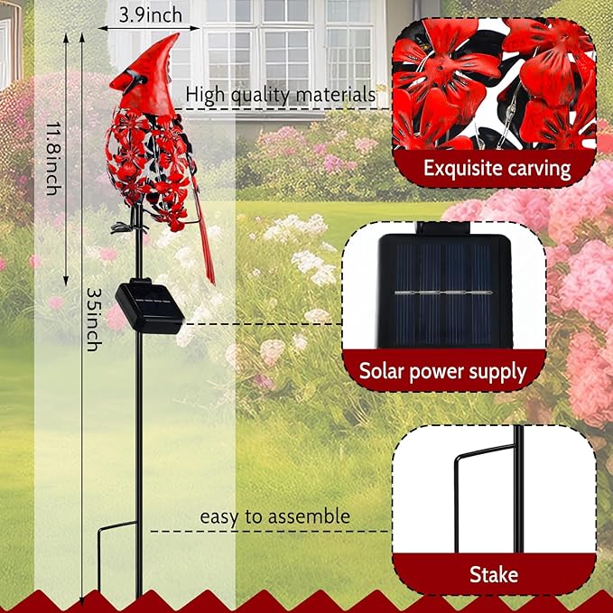 VIHOSE 1 Pcs Cardinal Gift Decor Cardinal Solar Lights for Outside Garden Stake Metal Red Bird Solar Lights Gift Outdoor Stake Grave Patio Yard Lawn Porch Cemetery Decoration for Mom Grandma Women