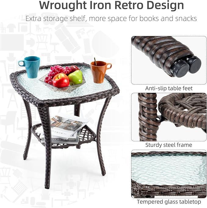 Towallmark Outdoor Swivel Wicker Glider Patio Chairs with Table Set, 3 Pieces Outdoor Bistro Set with 4”Thick Cushions and Coffee Table for Porch, Balcony, Deck (Blue)