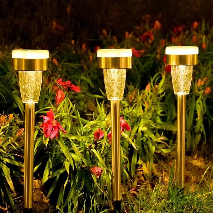 TWINSLUXES 16 Pack Solar Outdoor Lights, Dual Light Source LED Pathway Lights Solar Powered, Stainless Steel Waterproof Solar Garden Lights Decoration for Garden Patio and Walkway, Cool Warm