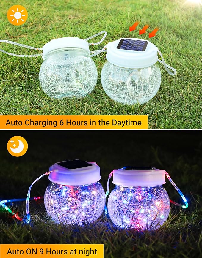 Solar Lantern Solar Lights Outdoor Waterproof 6-Pack, Solar Powered Hanging Lights Cracked Glass Hanging Globes for Christmas Decoration, Shepherd Hook, Garden Tree Ornaments,White Cap, Multi-Color