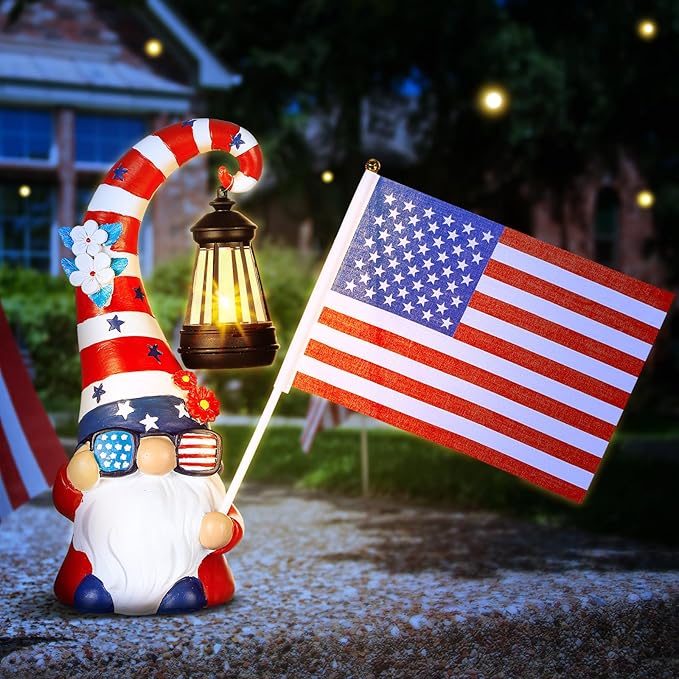 VIHOSE 11.8 Inch 4th of July Patriotic Solar Gnomes Statues USA Solar Gnome Outdoor Figurine Lights for Outside Lawn Ornaments Garden Porch Patio Balcony Yard Fourth of July Gifts for Mom Women