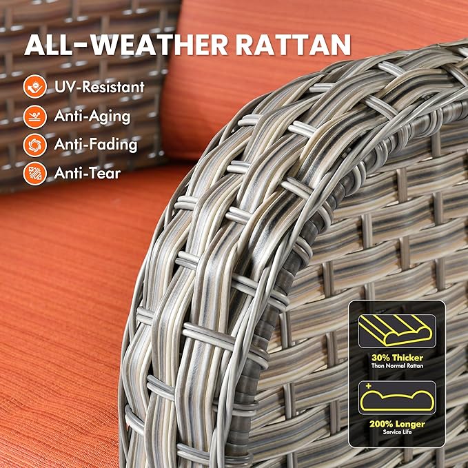 Outdoor Swivel Rocker Patio Chairs with Side Table,Wicker Swivel Rocking Chair Set of 2,3PCS High Back Wicker Patio Furniture Set Glider Chairs for Porch, Balcony, Deck,Yard,Orange Red