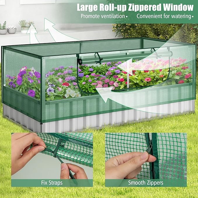 S AFSTAR Galvanized Raised Garden Bed with Greenhouse, 69” x 36” x 28” Bottomless Flower Bed w/Large Roll-up Window, 8PCS T Tags & Gloves, Outdoor Rectangular Planter Box Kit for Herb Vegetable Fruit
