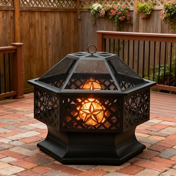 28 Inch Hexagonal Fire Pit,Wood Burning Firepits for Outside with Spark Screen&Poker,Metal Hex-Shaped Outdoor Fire Pit for Outside,Backyard,Bonfire,Patio,Garden,Picnic and Camping（Black）