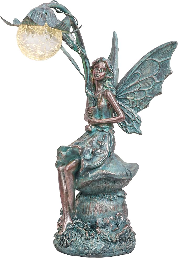 TERESA'S COLLECTIONS Garden Statues Fairy Sculptures & Statues, Outdoor Solar Light Garden Decor Resin Patina Bronze Figurines for Outdoor Decor, Valentines Decorations Gifts for Women Mom, 13.8''