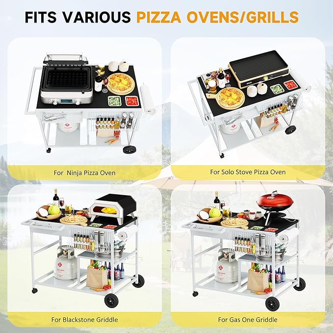 JY QAQA Outdoor Pizza Oven Stand with Condiment Shelf, Outdoor Cooking Cart, Grill Worktable for Patio, Food Prep Station Fits Ninja Woodfire Grill, Cuisinart Grill, Blackstone Griddle
