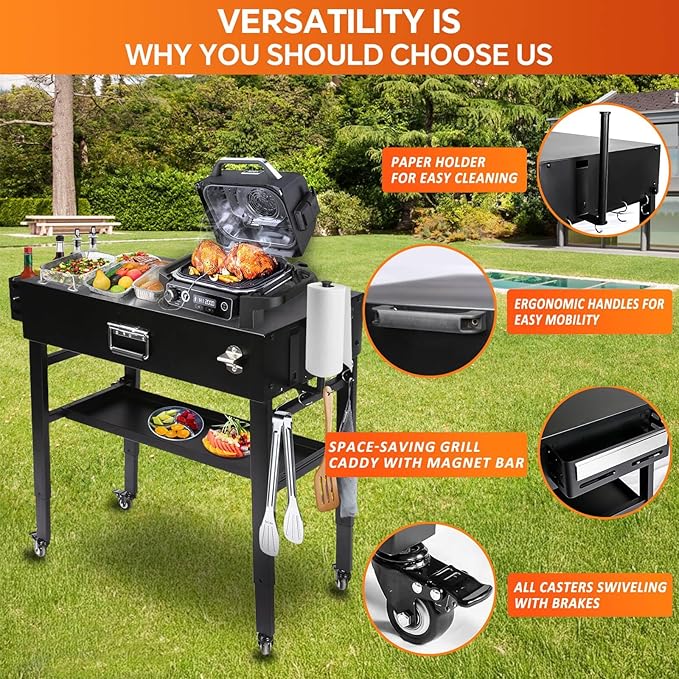 Grill Table for Ninja Woodfire OG700, Foldable Grill Cart for Blackstone, Weber, Ooni Pizza Oven, Upgraded Portable Outdoor Grill Stand, Adjustable Height, with Caddy, Paper Towel Holder, 4 Wheels