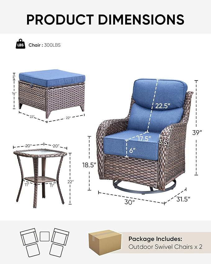 HUMMUH Wicker Patio Furniture Set 6inch Thick Cushion Deep Seat Outdoor Swivel Rocker Patio Chairs Set of 2 with Ottomans Conversation Set for Porch Garden Deck