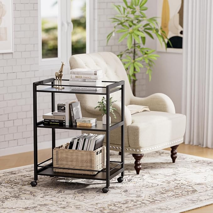 HITNET Bar Cart Black, Serving Cart for Home, 3 Tier Drinks Cart with Wheels, Rolling Beverage Cart for Kitchen Dining Living Room