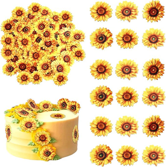 60 PCS Edible Sunflower Cupcake Toppers Edible Flowers Cake Decorations Edible Paper Sunflower Party Decorations for Baby Shower Sunflower Birthday Party Cake Toppers Food Decorations Supplies