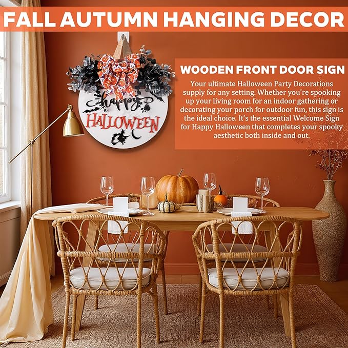Halloween Door Hanger Sign Wooden Welcome Decor with Bat - Fall Wreaths for Front Door Hanging Decorations for Happy Halloween Party Indoor Outdoor Wall Decor Supply