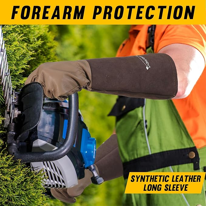 HANDLANDY Long Gardening Gloves for Men & Women, Cowhide Leather Rose Pruning Gloves- Breathable & Durable Gauntlet Glove (Large, Brown)