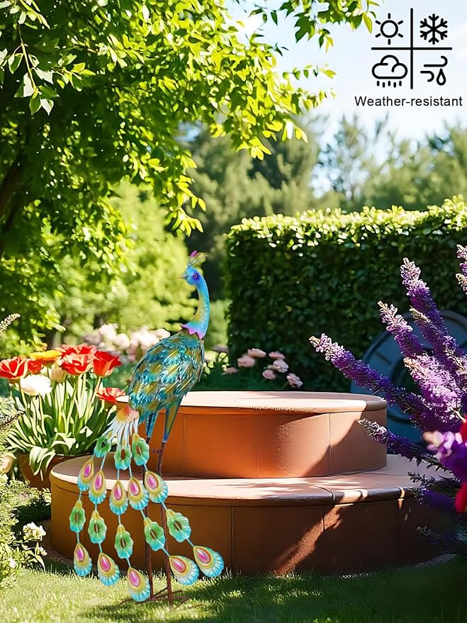 YEAHOME Garden Decor Outdoor Statues, 34" Large Metal Peacock Standing Yard Art, Blue Green Bird Lawn Sculptures Garden Decor for Outside Patio Porch Backyard