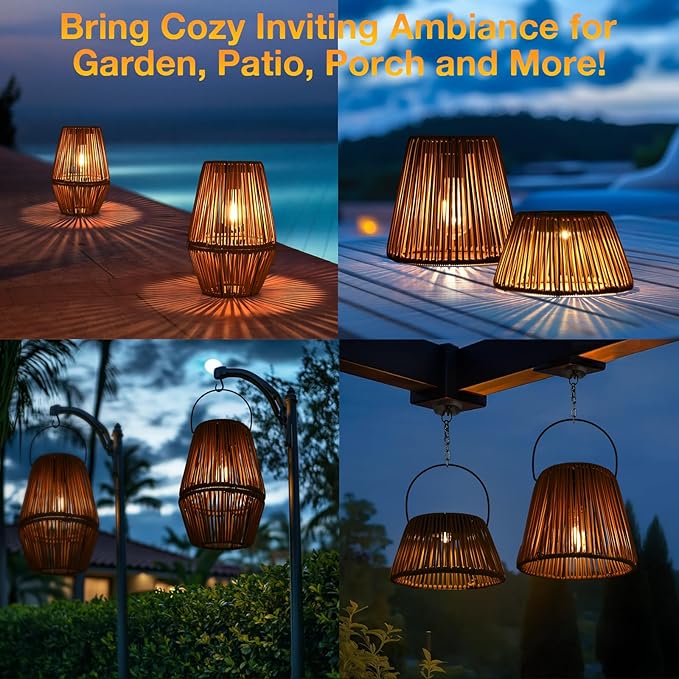 Uspring 2 Pack 3-in-1 Solar Lanterns Outdoor Waterproof Rattan Woven Hanging Solar Lights for Outside with Bright Lamp & LED Bead & 4 Handles, Garden Gifts Decor for Women Mom Patio Yard Porch
