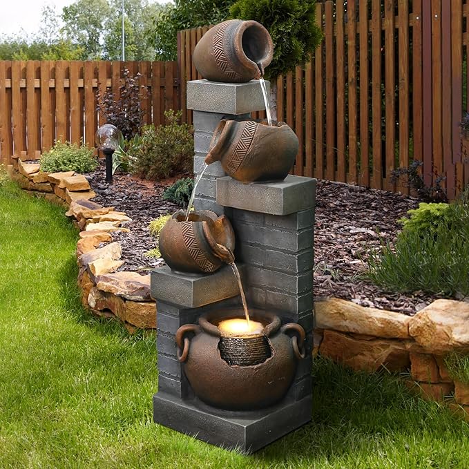 Water Fountain Outdoor 4-Tiers Cascading Realistic Bowls Waterfall Clay Pot Design Outdoor Fountain Resin Imitation Wood with LED Lights for Garden, Patio, Porch 42" H