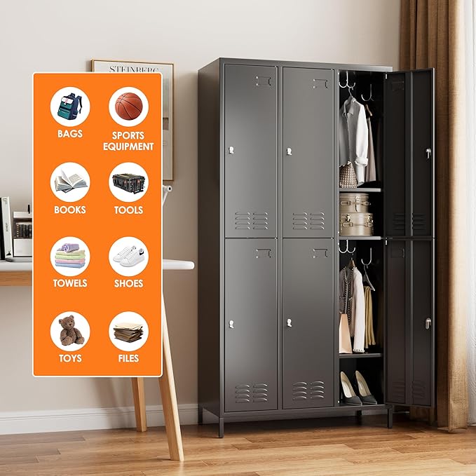 6 Doors Metal Lockers for Employees with 6 Shelves and 18 Hooks, Storage Locker with Business Card Holder for Office Gym School Bedroom, Assembly Required, Black