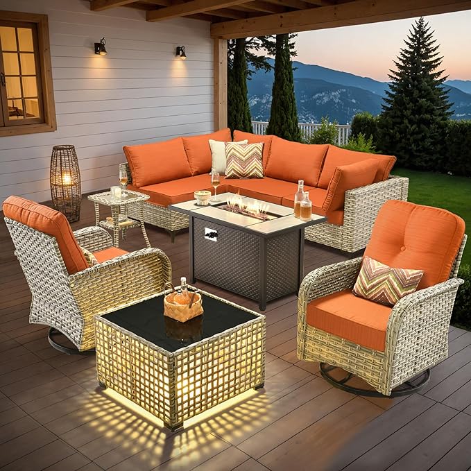 Outdoor Sectional Patio Furniture Set with Swivel Rocking Chairs,9 Pieces Wicker Conversation Sets L Shaped Couch Out Door Sofa Set Outside Furniture for Garden Deck Yard Porch,Orange Red