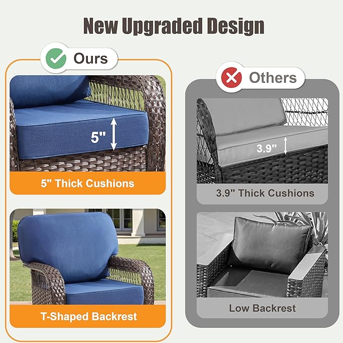 Patio Furniture Set, All Weather 3 Pieces Wicker Outdoor Small Sectional Set, 5" Thick Rattan Conversation Set with 3-seat Sofa and Ottoman for Lawn, Garden, Blue/Brown Wicker