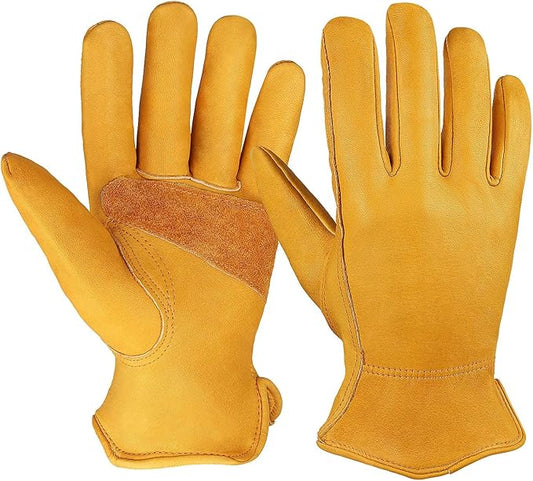 OZERO Flex Grip Leather Work Gloves Stretchable Wrist Tough Cowhide Working Glove 1 Pair (Gold, Large)