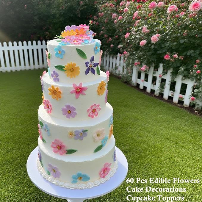 60 Pcs Edible Flowers Cupcake Toppers Cake Decorations Wafer Paper Hawaiian Flower Leaves Cake Decor for Wedding Birthday Parties