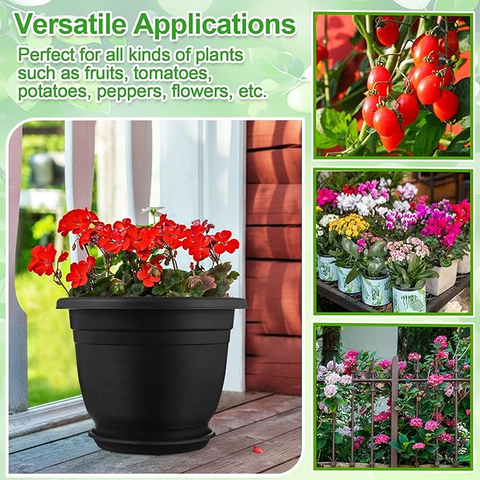 12 Pack Plastic Plant Pots Round Planter Pots with Saucer Tray Seedling Pot Hole Seed Resin Plant Pot Starting Nursery Flower Container with Pallet for Garden Outdoor Indoor (Black,12'')