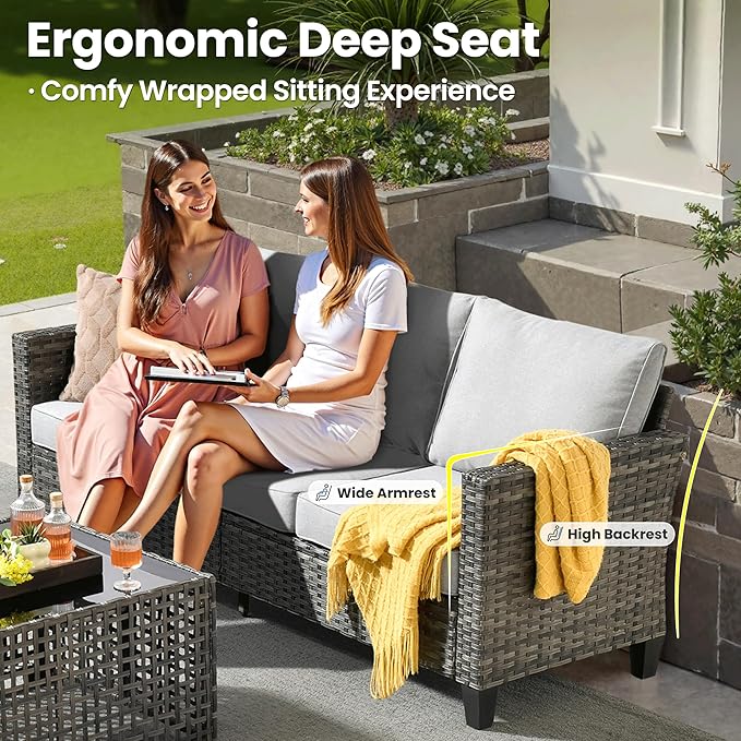ovios 4 Pieces Patio Furniture Set Outdoor Sofa Couch with Solar Lights Table Comfy Cushions, Modern Deep Seat Wicker Rattan Conversation Set for Porch Deck, Grey