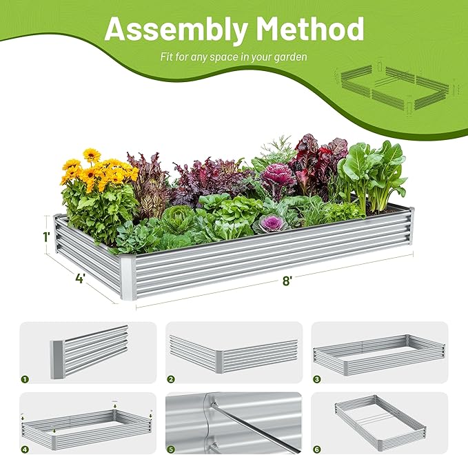2PCS 8x4x1ft Raised Garden Bed-Outdoor Galvanized Planter Box for Vegetables, Fruits,Herbs, Flowers, Metal Raised Garden Bed kit-Sliver