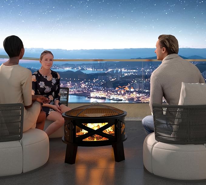 Fire Beauty 26"Steel Fire Pit with Grill Grate&Spark Screen,360° Airflow Boost Technology,Less Smoke,Larger Flames,Heavy-Duty Portable Camping Fire Pit for Backyard,Beach,RV (22lbs,4 Handles,Dual-Use)