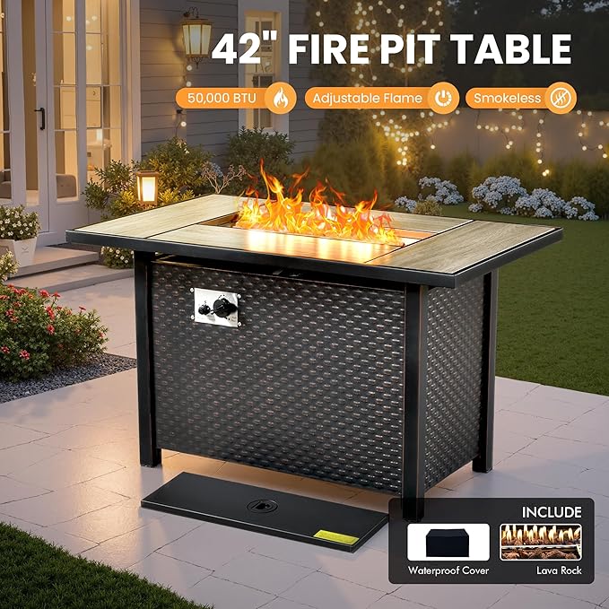 Outdoor Sectional Patio Furniture Set with Fire Pit Table and Glowing Table,8 Pieces Wicker Conversation Sets L Shaped Couch Out Door Sofa Set Outside Furniture for Garden Deck Yard,Grey