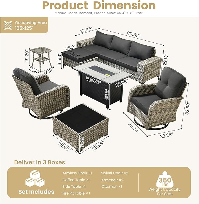 HOOOWOOO Outdoor Sectional Furniture Set with Fire Pit Table,9 Pieces Wicker Patio Conversation Sets,L Shape All Weather Outside Couch Sofa Set with Swivel Chairs Solar Light Table Ottoman,Black