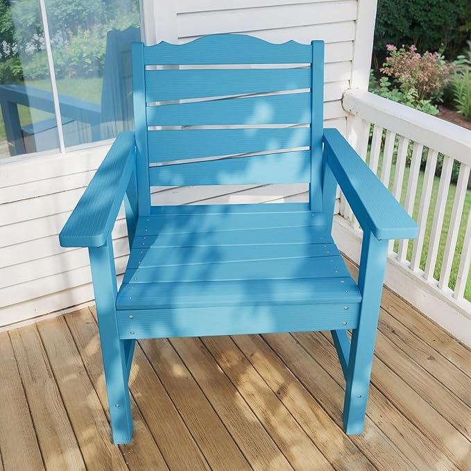 Weatherproof Patio Chair, HIPS Outdoor Dining Chair with Ergonomics Wide Seat, 400lbs Capacity Outdoor Chairs for Garden, Porch, Lawn & Backyard, Lake Blue
