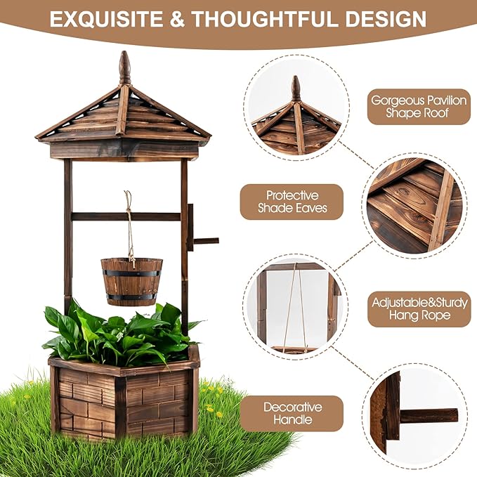 Giantex Rustic Wooden Wishing Well Planter with Hanging Bucket, Roof Shadow, Reinforced Rod, Wishing Wells for Outdoors Backyard Patio Garden Outside Decor