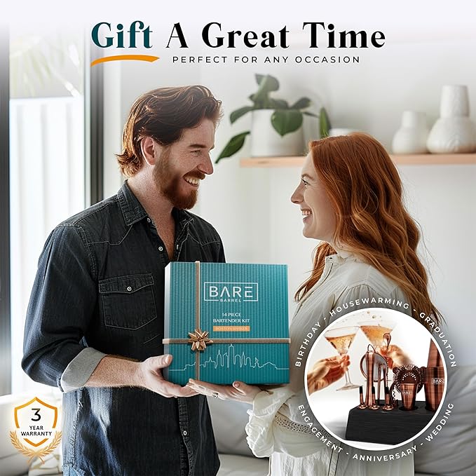 BARE BARREL® Mixology Bartender Kit Bar Set | 14-Piece Cocktail Shaker Set | Martini Barware Mixing Tools for Home Bartending | Incl. 35 Recipe Cards | Gift Set (28oz Boston Shaker, Copper/Black)