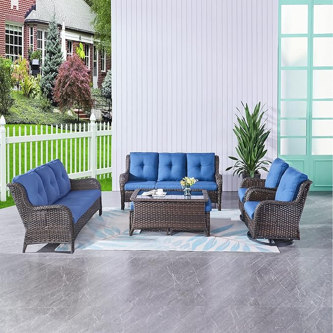 HUMMUH 7pcs Patio Furniture Set Swivel Rocker Patio Chairs,PE Wicker Outdoor Sofa Set of 2 with Coffee Table and Ottomans(Brown,Blue)