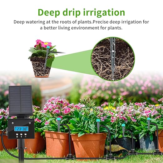 Solar Drip Irrigation System, Automatic Irrigation System for Outdoor Gardening，2200mA Battery and rain Sensing Function,for courtyards, Balconies, Gardens, 10 Potted Plants