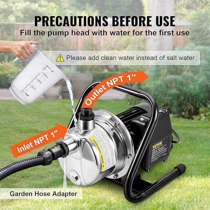 VEVOR 1.5 HP Portable Shallow Well Pump, 1200 GPH Garden Jet Pump, 115V, 164 ft Height, Stainless Steel Sprinkler Booster Pumps for Garden Lawn Irrigation system, Lake Fountain, Water Transfer