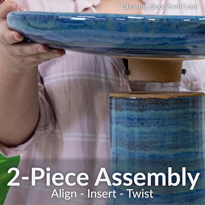 Sunnydaze 21" H Ceramic Bird Bath for Outside - Hand-Painted Outdoor Bird Bath Bowl, UV/Frost-Resistant Finish - Yam - Ribbed Pedestal