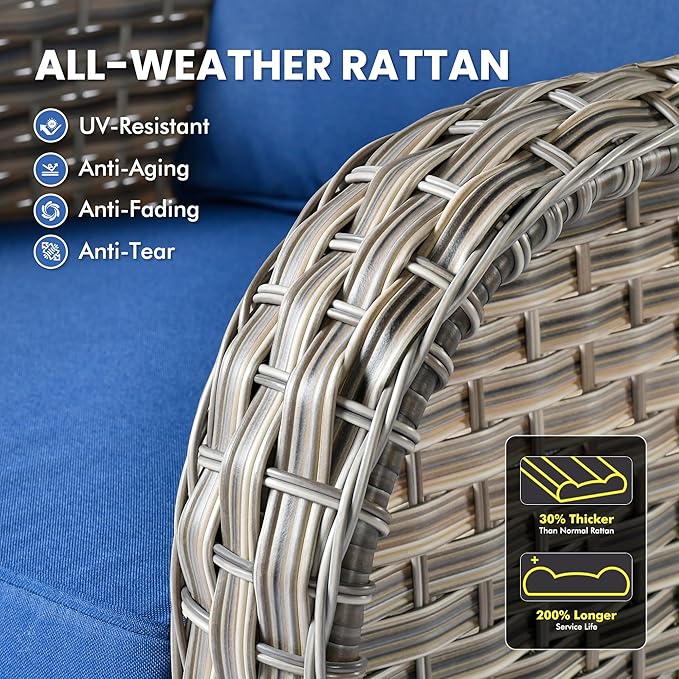 Outdoor Swivel Rocker Patio Chairs with Side Table,Wicker Swivel Rocking Chair Set of 2,3PCS High Back Wicker Patio Furniture Set Glider Chairs for Porch, Balcony, Deck,Yard,Navy Blue