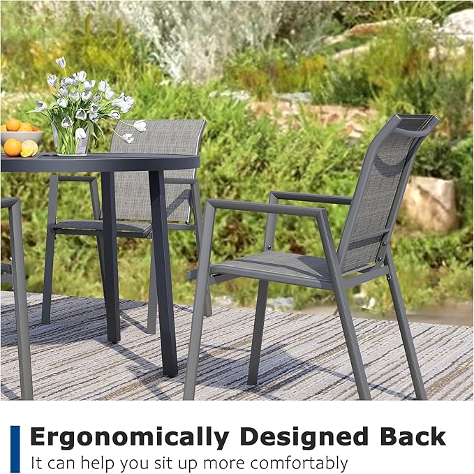 Outdoor Patio Chairs Set of 2, Grey Stackable Outdoor Chairs, Lightweight Patio Set with High Back, Metal Dining Chair for Lawn, Garden, Yard and Deck