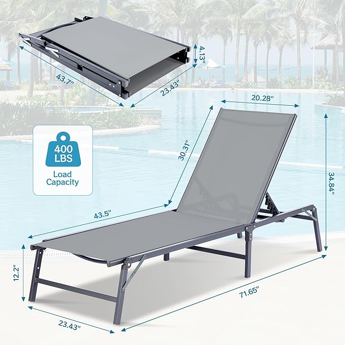 Outdoor Chaise Lounge Chair Set of 2, Foldable & Assemble-Free, 6 Adjustable Positions, Durable Rust-Resistant Frame, Portable Outdoor Pool Lounge Chairs for Pool Patio Beach, Grey